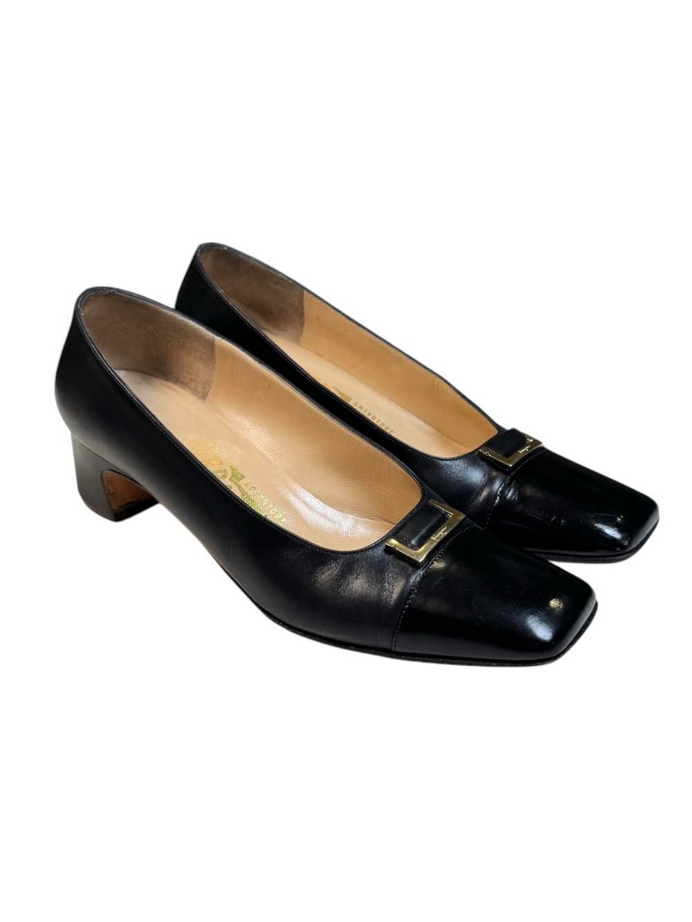 Salvatore Ferragamo Vintage Black Leather Square Toe Pumps Low Heels Gold 6 B